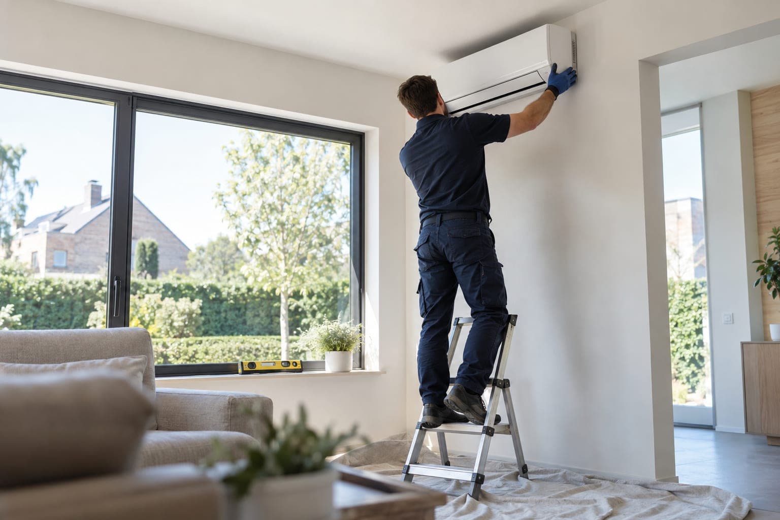 Pose d'une unité intérieure de climatisation murale dans un salon lumineux.