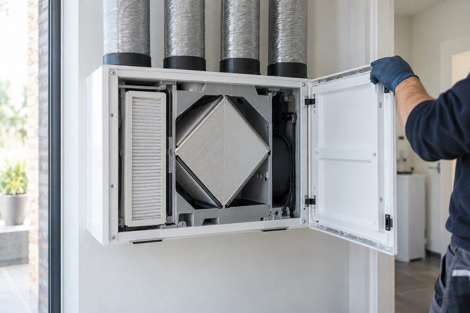 Groupe de ventilation double flux ouvert, filtre et échangeur visibles, raccordé à ses quatre gaines.